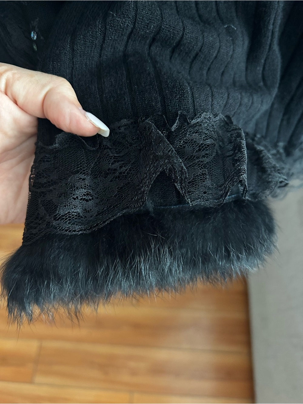 Vtg Knits Lace Sequins Fur Cardigan Sweater XL Linen Blend Whimsigoth Witchy - Picture 8 of 16